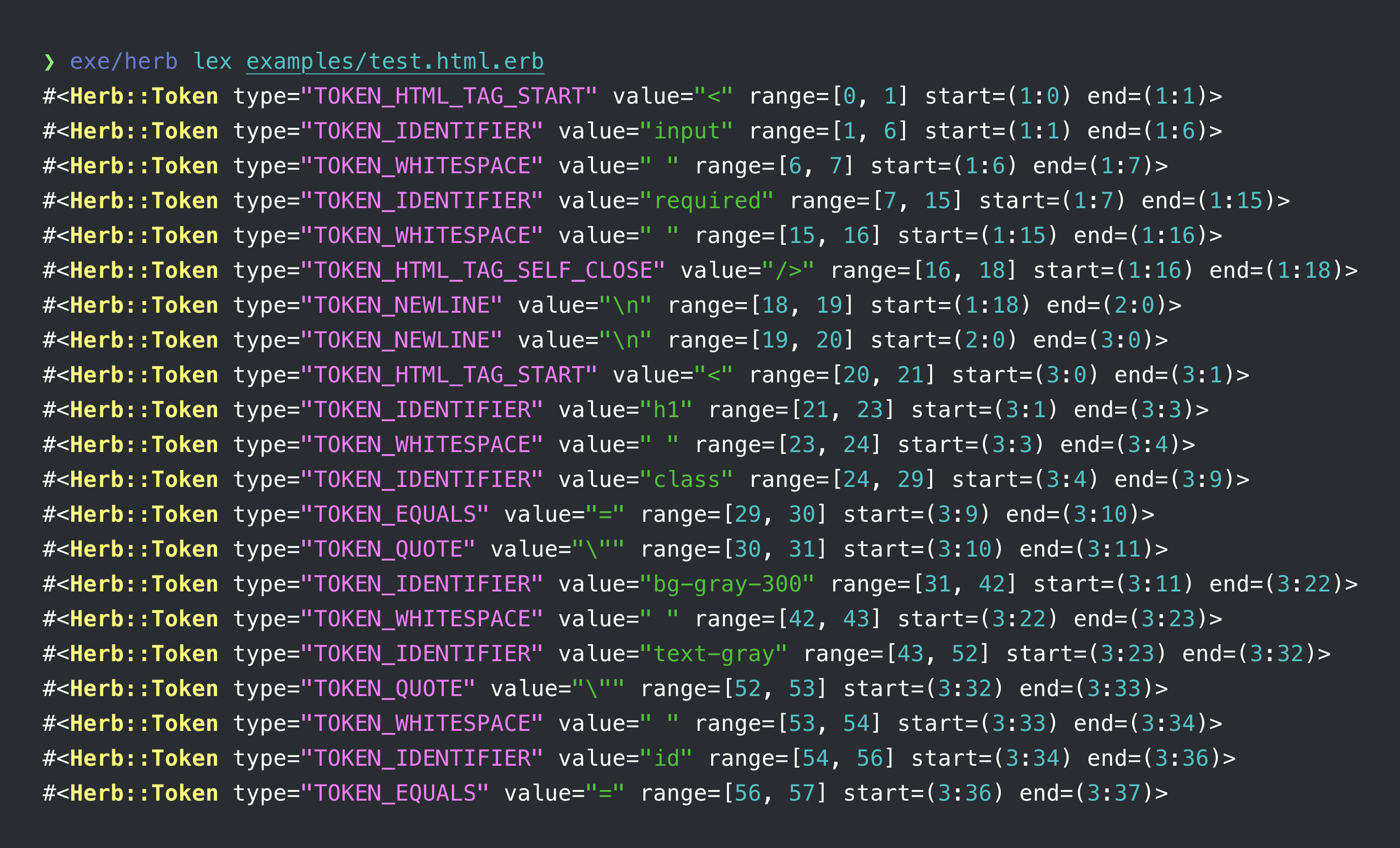 Colored output from the herb lex command showing tokens
